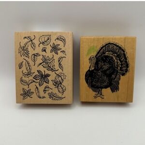 PSX F-394 Thanksgiving Turkey Greenbrier Autumn Leaves Wood Rubber Stamp Lot Vtg